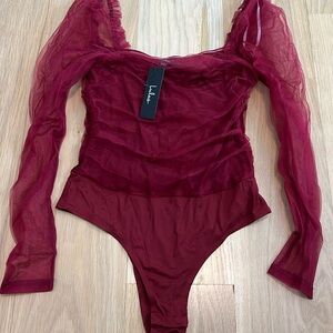 Lulus red mesh long sleeve bodysuit